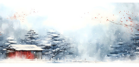 A tranquil winter scene, watercolor painting of a red barn in the snow.の写真素材