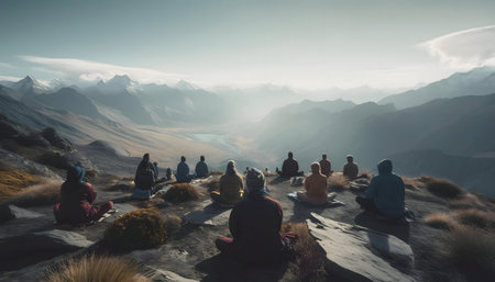Group meditation session on a mountaintop, overlooking a stunning valley and mountain range. A scene of serenity and peace.の写真素材
