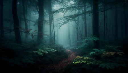 Mysterious forest path shrouded in fog. Eerie, serene atmosphere.