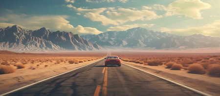 Red car drives on a long desert road towards majestic mountains. A journey of freedom and exploration.の写真素材