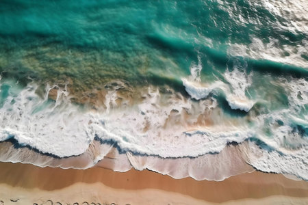 Stunning aerial shot of turquoise ocean waves breaking on a sandy beach. Beautiful coastal sceneの写真素材