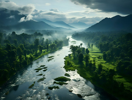 A stunning aerial view of a river flowing through a lush green tropical valley, surrounded by misty mountains.の写真素材