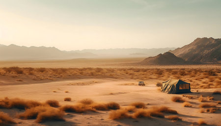 A lone tent and car in the vast Namibian desert at sunrise. Golden light illuminates this incredible scene.の写真素材