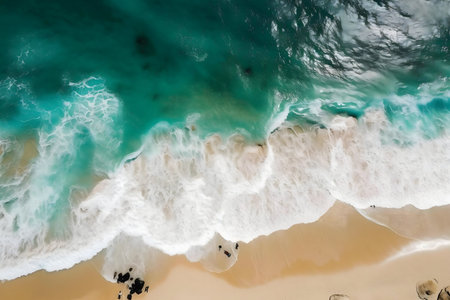 Stunning aerial shot of turquoise ocean waves breaking on a sandy beach. Serenity and peace.の写真素材