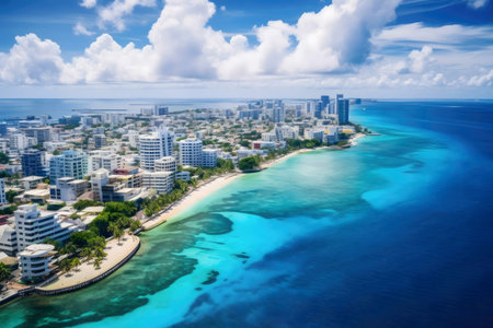 Stunning aerial shot of a coastal city with vibrant turquoise waters and a beautiful beach.の写真素材