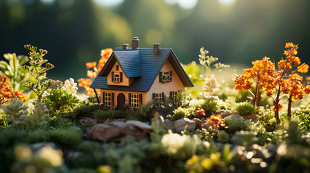 A miniature house sits in a vibrant garden setting bathed in warm sunlight. A serene scene evoking dreams of home.の写真素材