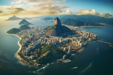 Stunning aerial shot of Rio de Janeiro, showcasing Sugarloaf Mountain and the city's breathtaking coastline at dawn.の写真素材