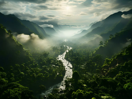 Majestic sunrise over a lush green river valley. Serene and beautiful.の写真素材