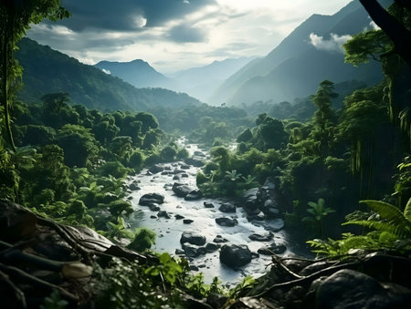 A breathtaking view of a river flowing through a lush rainforest valley, surrounded by towering mountains. Peaceful and serene atmosphere.の写真素材