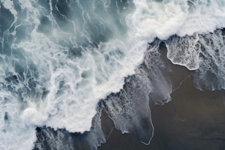 Aerial shot of waves breaking on a dark beach. The foam and water create a textured pattern.の写真素材