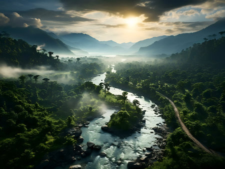 Aerial view of a misty river valley at sunrise. Majestic mountains and lush green forest create a serene landscape.の写真素材