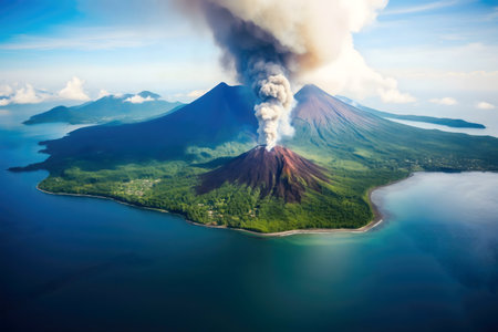 Stunning aerial shot of a volcanic eruption on a tropical island, showing the power of nature.の写真素材