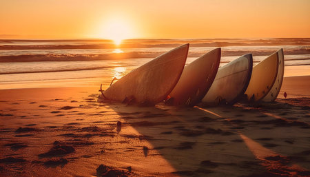 Surfboards at sunset on a sandy beach.
