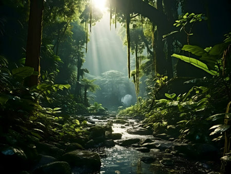 Sunlight streams through a dense rainforest canopy, illuminating a tranquil stream flowing over...