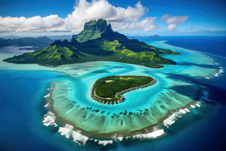 Stunning aerial shot of Bora Bora, showcasing its vibrant lagoon, lush mountains, and luxurious overwater bungalows.の写真素材