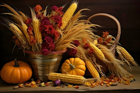 A beautiful autumn still life featuring corn, pumpkins, and flowers in a rustic setting.の写真素材