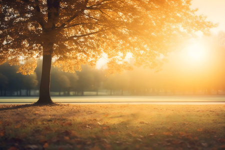 Golden sunrise illuminates a solitary tree in a park during autumn. Serene atmosphere.の写真素材