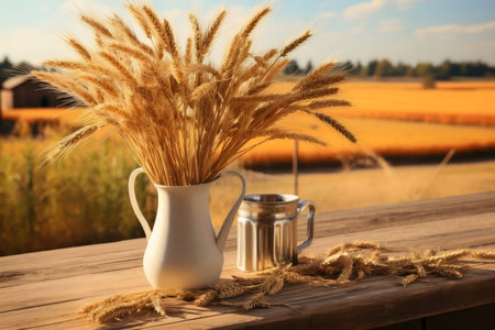 Wheat stalks in a vase, mug on a wooden table. Autumnal harvest scene.の写真素材