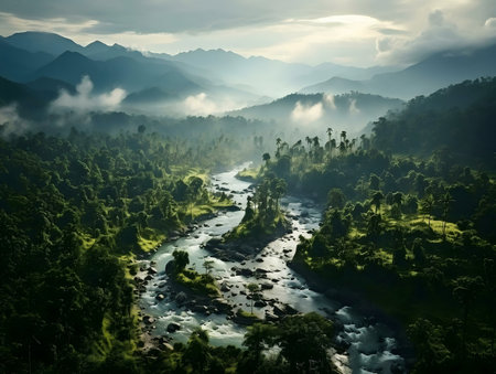 A breathtaking aerial view of a lush river valley nestled amongst majestic mountains. Serene and peaceful.の写真素材