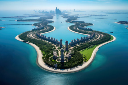 Stunning aerial shot of Pearl Island, Bahrain. Luxury resorts and cityscape.の写真素材