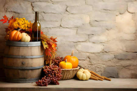A rustic autumn still life featuring pumpkins, grapes, a wine bottle, and autumn leaves arranged on a wooden barrel against a stone wall.の写真素材