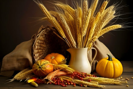 A beautiful autumn harvest still life with pumpkins, wheat, corn and berries.