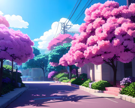 A digital painting of a dreamy street lined with pink flowering trees, under a bright sunny sky.の写真素材