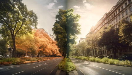 A city street scene showing a clear division between summer and autumn.の写真素材