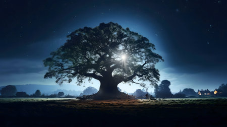A large ancient oak tree stands tall under the moonlight, creating a serene and magical atmosphere.の写真素材