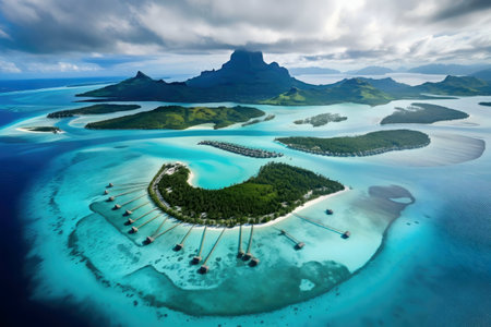 Breathtaking aerial shot of Bora Bora's stunning lagoon and luxurious overwater bungalows.の写真素材