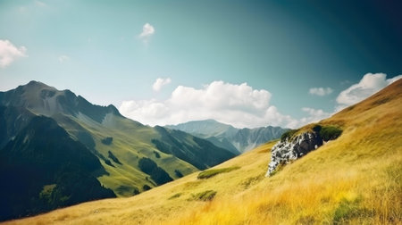 Serene mountain landscape with golden meadowの写真素材