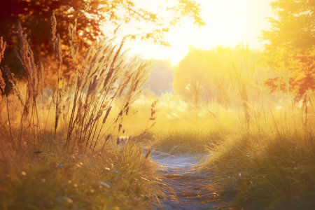 Sunlit path through autumnal field. Golden hour, serene nature.の写真素材