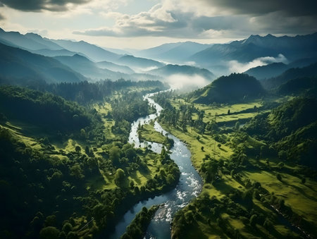 Breathtaking aerial view of a serene river flowing through a lush green valley surrounded by majestic mountains.の写真素材