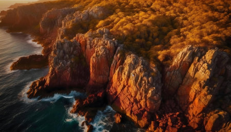 Stunning aerial shot of coastal cliffs bathed in golden sunset light. Dramatic rock formations meet the ocean waves.の写真素材