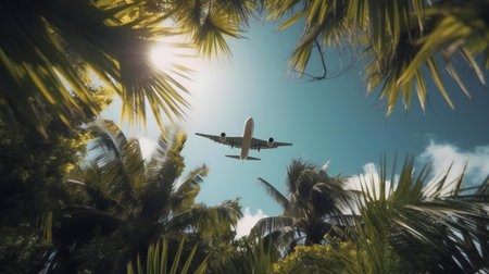 Airplane descends over lush palm trees, sunny day.の写真素材