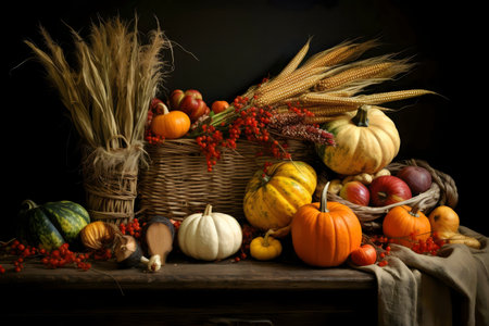 A rustic still life showcasing the bounty of autumn. Pumpkins, gourds, apples, and wheat create a vibrant Thanksgiving scene.の写真素材