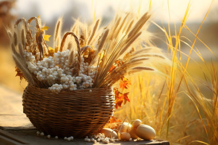 A rustic wicker basket filled with autumnal elements: wheat, berries, and leaves. Golden hour light.の写真素材