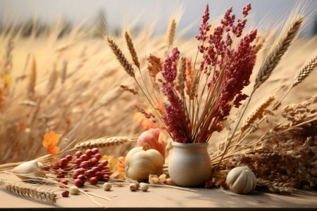 A beautiful autumn still life featuring wheat, flowers, apples and berries, symbolizing the richness of harvest.の写真素材