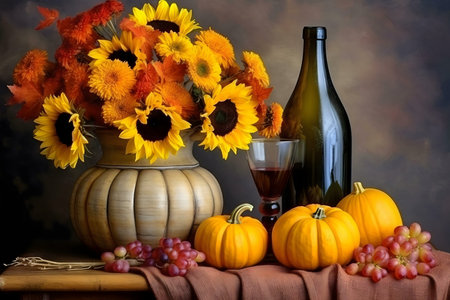 A beautiful autumn still life featuring sunflowers, pumpkins, grapes, and a bottle of wine.の写真素材