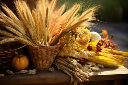 A beautiful autumn still life featuring wheat, pumpkins, and dried flowers in a rustic setting.