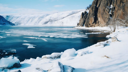 Stunning winter scene of a frozen lake with snow-covered mountains. Serene and peaceful atmosphere.の写真素材