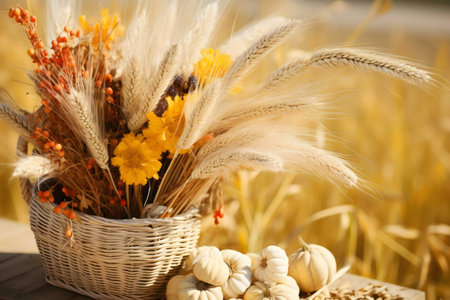A wicker basket filled with autumnal blooms, wheat, and berries sits among pumpkins in a sun-drenched field.の写真素材