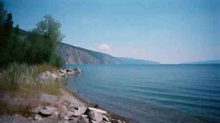 Peaceful lake view with mountain backdrop. Serene atmosphereの写真素材