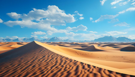 Breathtaking desert panorama, golden sand dunes under a bright blue sky. Mountains in the background.の写真素材