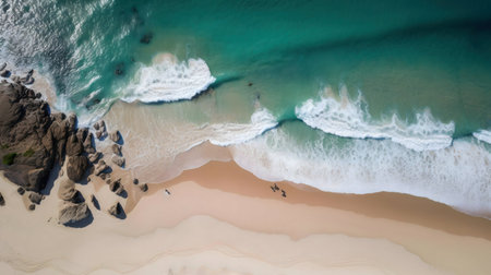 Stunning aerial shot of a breathtaking beach. Crystal clear turquoise water meets soft white sand.の写真素材
