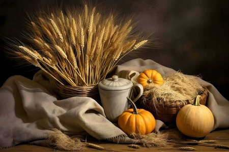 A captivating autumn still life featuring wheat, pumpkins, and rustic elements.の写真素材