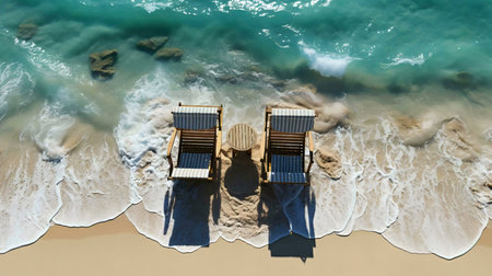 Two chairs on a sandy beach, gently caressed by turquoise waves. Peaceful escape.の写真素材