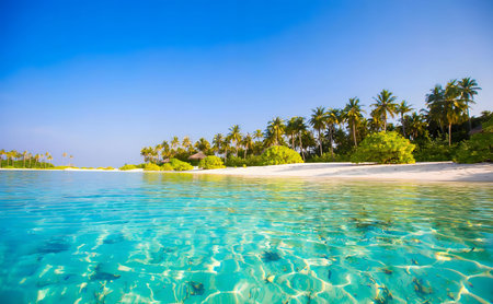 Stunning tropical beach with crystal clear water, palm trees, and white sand.の写真素材
