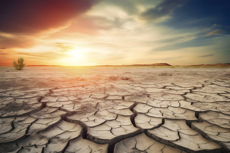 Arid landscape at sunset. Cracked earth dominates under a vibrant sky.の写真素材