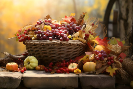 A wicker basket overflowing with autumnal goodness. Grapes, pumpkins, and other seasonal delights.の写真素材